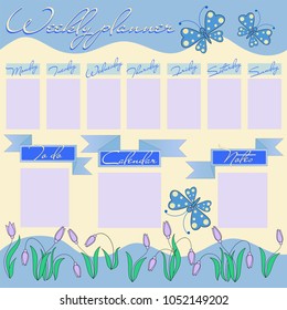 Weekly planner for girl with flowers and butterflies. Stationery organizer for the girl's daily plans. Floral vector weekly scheduler template, graphic. Children's organizer.