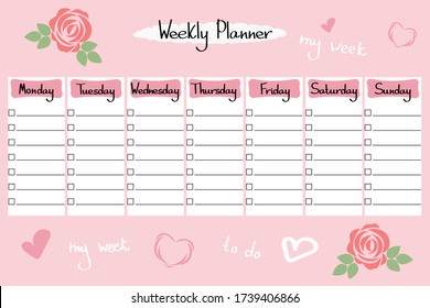 Weekly planner for girls and women. Pink cute weekly planner with a place to write a to-do list for the week. Work planning every day