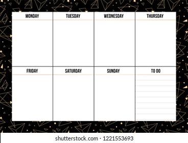 Weekly planner with gold geometric shape on black background. Layout sheet with place for notes. Vector template page for print, office, school.