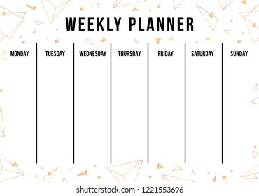 Weekly planner with gold geometric shape. Organiser and schedule with place for notes. Template page for print, office, school. Vector background