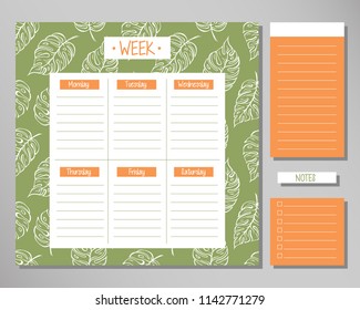 Weekly planner with green leaf elements. Schedule design template
