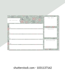 Weekly planner with green and pink flowers, stationery organizer for daily plans, floral vector weekly planner template, schedules