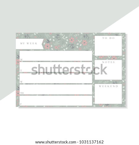 Weekly planner with green and pink flowers, stationery organizer for daily plans, floral vector weekly planner template, schedules