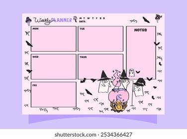 Weekly planner with Halloween ghosts. Spooky season weekly planner for daily and monthly use.