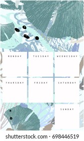 Weekly planner. Hand drawn brush strokes. Abstract tropical background in pastel colors. Ginkgo biloba leaves. 