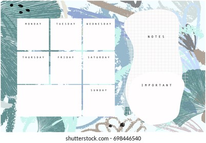 Weekly planner. Hand drawn brush strokes. Abstract tropical background in pastel colors. Ginkgo biloba leaves. Horizontal wallpaper.