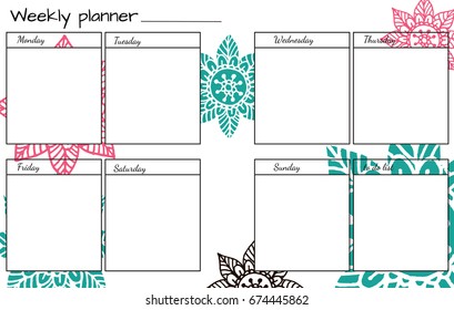 Weekly Planner with Hand Drawn Flower Mandala. Perfect for Print, Template, to do list. Vector isolated illustration