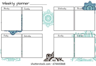 Weekly Planner with Hand Drawn Flower Mandala. Perfect for Print, Template, to do list. Vector isolated illustration