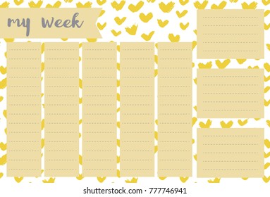 Weekly planner with hand drawn yellow hearts, stationery organizer for daily plans, sweet love weekly planner template, schedules