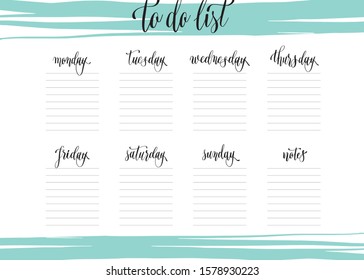 Weekly planner - hand-drawn lettering. To-do list with weekdays isolated on the white background. Modern vector brush calligraphy. 