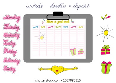 Weekly planner with handwritten days of the week rounded by dotted line. Doodle illustration for notebook. Clip art and stickers, pins, patches in cartoon 80s-90s comic style. Bright pop art colours.