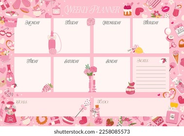 Planificador semanal con corazones, caja de regalo, flor de rosa, dulces, velas y bebidas. Página Plantilla de San Valentín en fondo rosa. Ilustración vectorial plana para , vacaciones, boda, cumpleaños