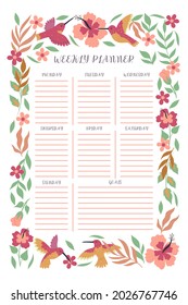 Weekly planner with hummingbirds and flowers. Vector graphics.