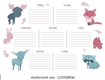 Weekly planner illustarted template with flat cute animals fox raccoon moose elk rabbit hare squirrel strats from Monday