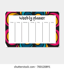 Weekly Planner in Indian Style with Mandala Pattern. Perfect for Print, Template, to do list. Vector isolated illustration
