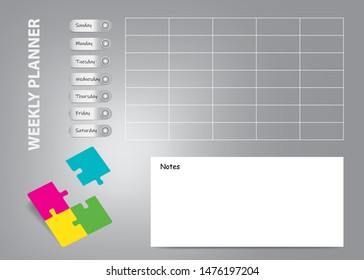 Weekly planner infographics vector of four puzzle pieces. Empty weekly planner is ready for your text.
