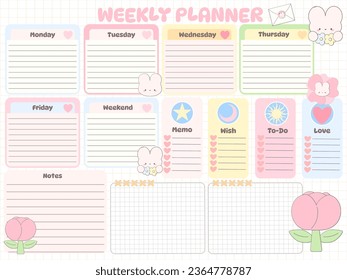 Weekly planner inspiration notepaper design printable .  White pink pages for tags , weekly notes,  to do list minimal style with flower tags cartoon character 