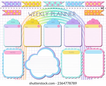 Imprimible diseño de papel de inspiración para planificadores semanales.  Páginas en blanco rosado para etiquetas, notas semanales, para hacer una lista mínima de estilo con las etiquetas florales caricatura 