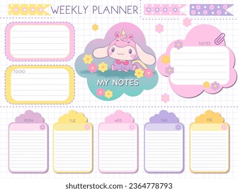 Weekly planner inspiration notepaper design printable .  White pink pages for tags , weekly notes,  to do list minimal style with flower tags cartoon character 