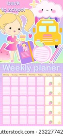 Weekly Planner  kawaii stickers. symbols, objects and templates for planners, invitations, notebooks, diaries and cards. Personal memo, paper blank list, document , cardboard. 
Vector illustration
