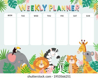 Weekly planner for kid. Child schedule for week with tropical jungle animals and plants. Calendar for elementary school student vector table with lion, zebra, tiger and elephant characters