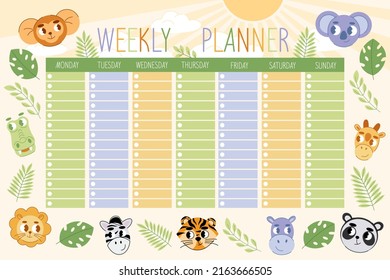 Weekly planner for kid. Child schedule for week with tropical jungle animals and plants. Calendar for elementary school student vector table with lion, zebra, tiger and elephant characters