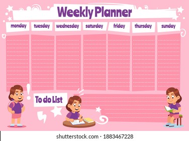 Weekly planner for kid. School calendar template, kids schedule and to do list for homework and notes, simple life planners daily routine organization, children time management vector pink notepaper