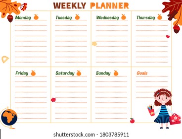 Weekly Planner for kids with autumn leaves, acorn and berry. Daily Calendar for school. Printable Schedule for student for all week. Children Template Organizer for classes and after school plans. 