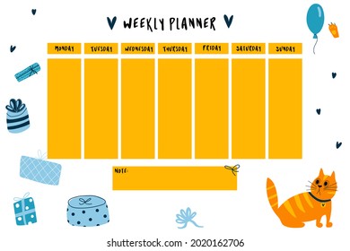 Weekly planner for kids with cat and box gifts in cartoon childish style. Colorful vector illustration for stationary, schedule, list, school timetable, extracurricular activities in blue and orange