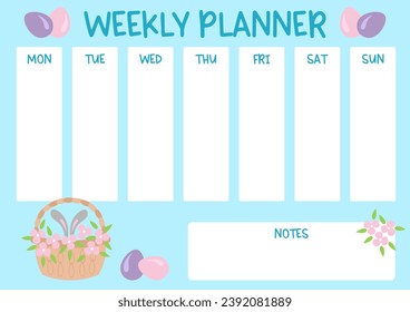 Weekly planner for kids with cute bunny ears in a basket, flowers and eggs. Easter theme school timetable. Class schedule for students. Vector illustration.