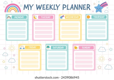 Weekly planner for kids with cute memo pads with rainbows and stars. Printable school timetable. Kids schedule design template. Cute planner for kids. Daily note pads in cartoon style for children.