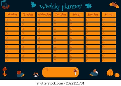 Weekly planner for kids with hand drawn pumpkin, acorn, mountain ash, hedgehog, mushrooms, fly agaric in cartoon childish style. Colorful vector illustration for stationary, schedule, list, school