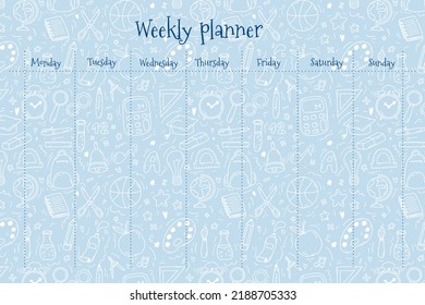 Weekly Planner For Kids On Doodle Blue Background With School Supplies Items. Colorful Vector Illustration For Stationary, Schedule, List, School Timetable, Extracurricular Activities