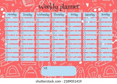 Weekly planner for kids on doodle pink background with school supplies items. Colorful vector illustration for stationary, schedule, list, school timetable, extracurricular activities