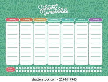 Weekly planner for kids on doodle green chalkboard background with school supplies items. Doodle vector illustration for stationary, list, timetable, extracurricular activities with habbit tracker.