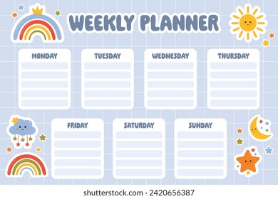 Weekly planner for kids. Printable school timetable. Kids schedule design template. Back to school planner. Cute planner for kids daily routine tracking with rainbows, stars in cute cartoon style.