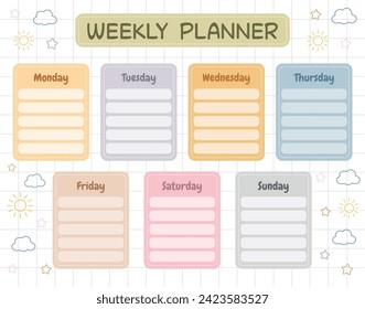 Weekly planner for kids. Printable school timetable. Kids schedule design template. Back to school planner. Cute planner for kids daily routine, classes, hobbies. Daily, weekly regime, timetable.