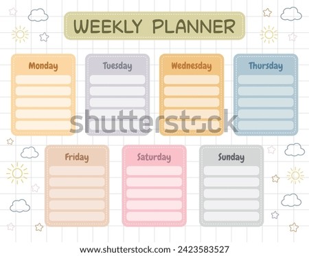 Weekly planner for kids. Printable school timetable. Kids schedule design template. Back to school planner. Cute planner for kids daily routine, classes, hobbies. Daily, weekly regime, timetable.