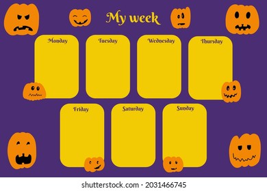 Weekly planner kids template with spooky pumpkin. Cartoon halloween funny characters. Colorful vector illustration for stationary, schedule, list, school timetable, extracurricular activities