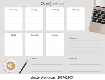 Weekly planner with a laptop and a cup of coffee. Gray, beige and white colors. Vector illustration.