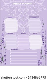 Weekly planner with lavender violet color background inspiration notepaper design printable .  White pink pages for tags , weekly notes,  to do list minimal style with flower tags 