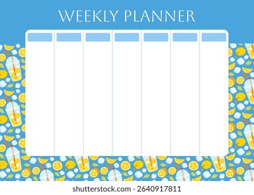 Weekly planner with lemons lemonade pattern. Citrus fruits, ice cube and foliage on blue background. Lifestyle planner for 7 days. Schedule design template. Vector flat illustration