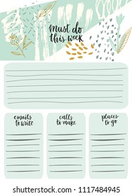 Weekly Planner. Weekly List Templates. Organizer and Schedule with Notes and To Do List. Page for notes with Memphis pattern. Notebooks,decals, diary, school accessories. Vector. Isolated