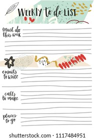 Weekly Planner. Weekly List Templates. Organizer and Schedule with Notes and To Do List. Page for notes with Memphis pattern. Notebooks,decals, diary, school accessories. Vector. Isolated