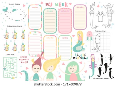 Weekly planner with Little mermaids in cartoon style. Included mini games - maze, dot to dot, coloring page, find two same pictures. Kids schedule design template. Vector illustration.