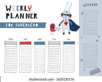 Weekly planner for little superhero. Templates for planner. Hand drawn graphic for typography. Vector illustration in blue and red.