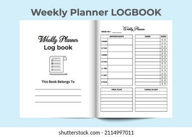 Weekly planner log book. Weekly work list journal template. Notebook interior. Weekly planner log book template. Weekly planner notebook interior. Work list planner template.