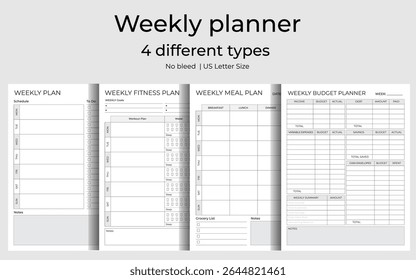 Weekly Planner Logbook Tracker Bundle Set – Vector Illustration for KDP Interior | Printable Low Content Organizers | 4 in 1 Layout 