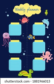Weekly planner marine animals. Vector background. Vector cartoon illustration. Vector drawing. Isolated vector illustration. White background. Planner design.