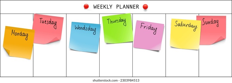 Weekly planner with memory notes. First day - Monday. Vector illustration. Can be use for template your design, presentation, promo, ad. EPS10.